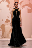 Simple Black Velvet Halter Keyhole Maxi Evening Dress