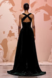 Simple Black Velvet Halter Keyhole Maxi Evening Dress