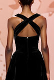 Simple Black Velvet Halter Keyhole Maxi Evening Dress