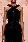 Simple Black Velvet Halter Keyhole Maxi Evening Dress