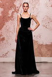 Velvet Black Spaghetti Straps Sheath Maxi Evening Dress