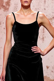 Velvet Black Spaghetti Straps Sheath Maxi Evening Dress