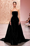 Black Strapless Velvet A Line Maxi Elegant Evening Dress