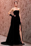 Black Velvet Strapless Maxi Evening Dress with Slit