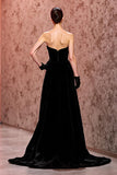 Black Velvet Strapless Maxi Evening Dress with Slit