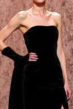 Black Velvet Strapless Maxi Evening Dress with Slit