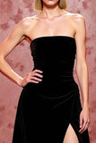 Simple Black Velvet Maxi Strapless Evening Dress with Slit