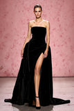 Black A Line Velvet Strapless Maxi Evening Dress with Slit