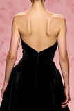 Black A Line Velvet Strapless Maxi Evening Dress with Slit