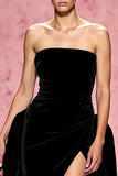 Black A Line Velvet Strapless Maxi Evening Dress with Slit