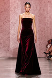 Dark Red Strapless Velvet Maxi Sheath Evening Dress