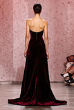 Dark Red Strapless Velvet Maxi Sheath Evening Dress