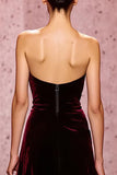 Dark Red Strapless Velvet Maxi Sheath Evening Dress