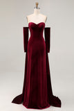 Dark Red Velvet Sweetheart Mermaid Maxi Evening Dress with Sleeves