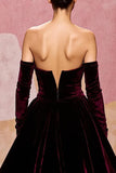Dark Red Velvet Mermaid Maxi Sweetheart Evening Dress with Cape