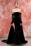 Black A Line Strapless Maxi Velvet Evening Dress with Slit