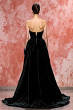 Black A Line Strapless Maxi Velvet Evening Dress with Slit