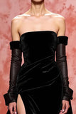 Black A Line Strapless Maxi Velvet Evening Dress with Slit