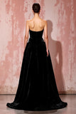 Simple Black Strapless A Line Maxi Velvet Evening Dress