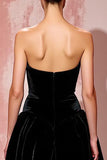 Simple Black Strapless A Line Maxi Velvet Evening Dress