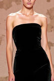 Simple Velvet Black Strapless Maxi Evening Dress with Slit
