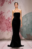 Elegant Black Velvet Strapless Mermaid Maxi Evening Dress