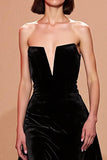 Black Velvet Maxi Mermaid Strapless Evening Dress with Cape