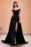 Black Corset Off the Shoulder Maxi A Line Evening Dress with Slit