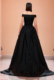 Black Corset Off the Shoulder Maxi A Line Evening Dress with Slit