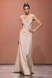 Sparkly Maxi Champagne Sheath Deep V-Neck Ruched Evening Dress