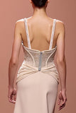 Sparkly Maxi Champagne Sheath Deep V-Neck Ruched Evening Dress