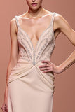 Sparkly Maxi Champagne Sheath Deep V-Neck Ruched Evening Dress