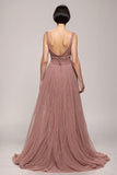 Sparkly Pink Deep V-Neck A Line Ruched Long Evening Dress