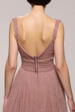 Sparkly Pink Deep V-Neck A Line Ruched Long Evening Dress