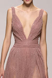 Sparkly Pink Deep V-Neck A Line Ruched Long Evening Dress
