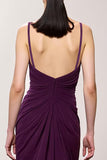 Purple Sheath Ruched V Neck Chiffon Long Evening Dress with Slit
