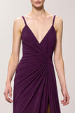 Purple Sheath Ruched V Neck Chiffon Long Evening Dress with Slit