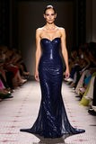 Sparkly Sequined Navy Sweetheart Mermaid Long Evening Dress