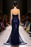 Sparkly Sequined Navy Sweetheart Mermaid Long Evening Dress
