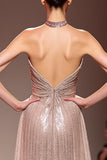 Sparkly Champagne Sequined Halter Mermaid Backless Maxi Evening Dress
