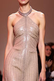 Sparkly Champagne Sequined Halter Mermaid Backless Maxi Evening Dress