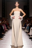 Simple Ivory Sheath Strapless Long Backless Satin Evening Dress