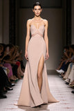 Champagne Satin Sheath Strapless Long Evening Dress with Slit