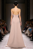 Champagne Satin Sheath Strapless Long Evening Dress with Slit