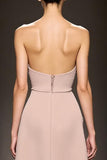 Champagne Satin Sheath Strapless Long Evening Dress with Slit