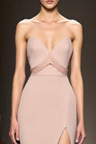 Champagne Satin Sheath Strapless Long Evening Dress with Slit