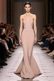 Simple Champagne Mermaid Strapless Long Evening Dress