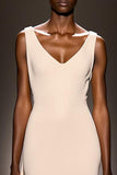 Simple Ivory Double V-Neck Sheath Satin Maxi Evening Dress