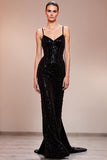 Sparkly Black Sequined Mermaid Corset Maxi Evening Dress