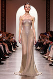 Sparkly Champagne Strapless Mermaid Maxi Backless Evening Dress